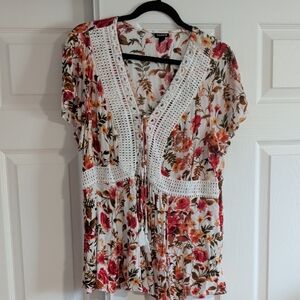 torrid White Floral Blouse with Crochet Trim - Pink & Orange Flowers